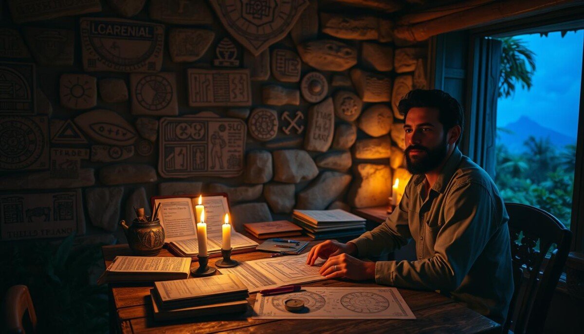 A serene and atmospheric scene depicting the study of Mayan astrology. In the foreground, a scholarly individual, dressed in modest casual clothing, is seated at a rustic wooden table cluttered with ancient texts, star charts, and astrological tools, their face illuminated by soft, warm candlelight. In the middle ground, a stone wall adorned with intricate Mayan symbols and celestial illustrations rises, creating an air of historical significance. In the background, a lush tropical landscape can be faintly seen through an open window, suggesting a connection to nature and the cosmos. The overall lighting is warm and inviting, with a hint of mystical blue from the night sky filtering in, evoking a mood of exploration and discovery. A serene and atmospheric scene depicting the study of Mayan astrology. In the foreground, a scholarly individual, dressed in modest casual clothing, is seated at a rustic wooden table cluttered with ancient texts, star charts, and astrological tools, their face illuminated by soft, warm candlelight. In the middle ground, a stone wall adorned with intricate Mayan symbols and celestial illustrations rises, creating an air of historical significance. In the background, a lush tropical landscape can be faintly seen through an open window, suggesting a connection to nature and the cosmos. The overall lighting is warm and inviting, with a hint of mystical blue from the night sky filtering in, evoking a mood of exploration and discovery.