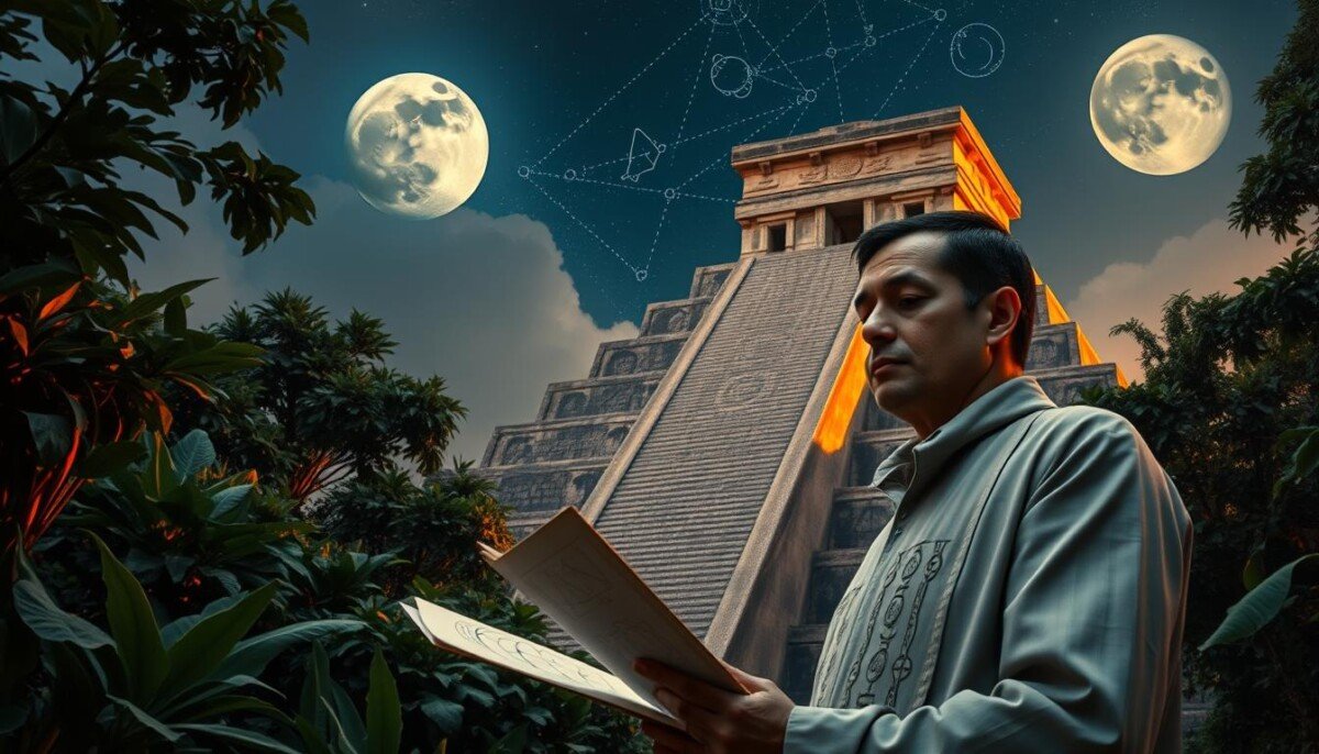 A serene and mystical depiction of Maya astrology, showcasing an ancient Mayan temple surrounded by lush jungle foliage. In the foreground, a professional-looking Maya astrologer wearing traditional, modest attire, is studying celestial charts with a thoughtful expression. The middle ground features intricate hieroglyphs carved into stone, alongside symbols of the zodiac, subtly illuminated by warm, ethereal light. In the background, a starry night sky with visible constellations creates a magical atmosphere, and a full moon casts gentle light over the scene. The overall mood conveys wisdom, a sense of connection to the universe, and the mysteries of astrology. The lens perspective is slightly angled upwards, giving a grand view of the temple against the sky. A serene and mystical depiction of Maya astrology, showcasing an ancient Mayan temple surrounded by lush jungle foliage. In the foreground, a professional-looking Maya astrologer wearing traditional, modest attire, is studying celestial charts with a thoughtful expression. The middle ground features intricate hieroglyphs carved into stone, alongside symbols of the zodiac, subtly illuminated by warm, ethereal light. In the background, a starry night sky with visible constellations creates a magical atmosphere, and a full moon casts gentle light over the scene. The overall mood conveys wisdom, a sense of connection to the universe, and the mysteries of astrology. The lens perspective is slightly angled upwards, giving a grand view of the temple against the sky.