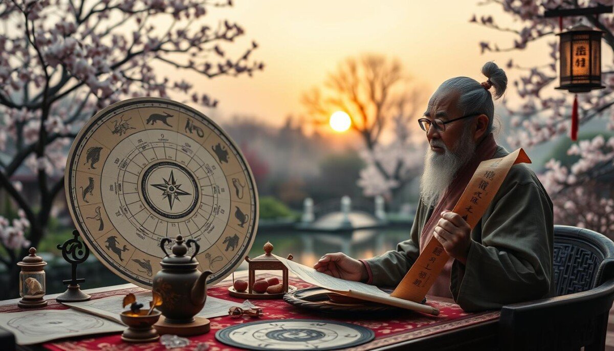 A serene, intricately designed Chinese astrology scene showcasing various methods of prediction. In the foreground, a wise-looking elderly astrologer, dressed in traditional Chinese attire, studies a large astrological chart with zodiac animals and elements. He holds a feng shui compass in one hand and a bamboo scroll in the other, depicting the I Ching symbols. In the middle ground, a table filled with astrological tools like star charts, crystals, and a teapot with steaming tea creates a harmonious atmosphere. The background features a tranquil Chinese garden, with cherry blossom trees and a small bridge over a koi pond, bathed in warm, soft lighting as the sun sets, casting a golden glow. The mood is calm and reflective, inviting viewers to explore the depth of Chinese astrology.