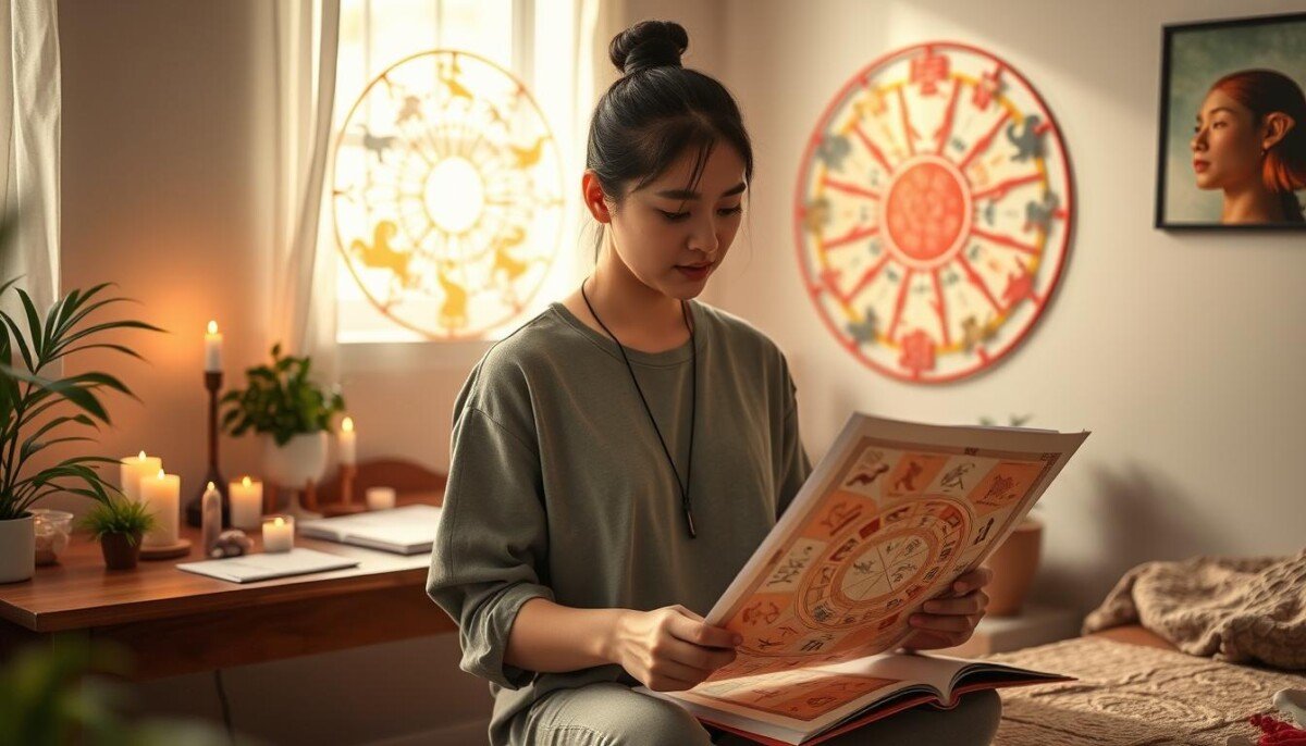 A serene, inviting scene illustrating the connection with Chinese astrology in daily life. In the foreground, a person, dressed in modest casual clothing, thoughtfully studies a colorful Chinese zodiac chart, surrounded by astrological symbols like the twelve animals. The middle ground features a cozy workspace with a wooden desk adorned with candles, crystals, and potted plants, emphasizing tranquility and mindfulness. In the background, soft natural light spills in from a window, creating a warm atmosphere; an abstract representation of the Chinese zodiac wheel is faintly visible on a wall. The mood is reflective and harmonious, encouraging viewers to engage with their astrological journey. Use a warm color palette and a slightly blurred lens for a soft focus effect.