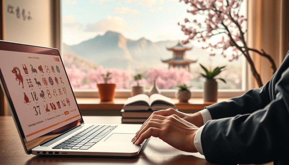 A serene online environment showcasing Chinese astrology. In the foreground, a stylish laptop displays zodiac symbols, with a beautifully designed astrology chart beside it. A pair of hands in business attire is gently navigating the screen, suggesting exploration of one's fate. In the middle ground, a cozy, well-lit workspace features potted plants and astrological books on a wooden desk, reflecting a harmonious atmosphere. The background reveals a calming view of a traditional Chinese landscape with soft mountains and cherry blossom trees under a tranquil sky. The overall mood is reflective and inspiring, with warm, soft lighting creating a welcoming and thoughtful ambiance. The scene captures the essence of embracing Chinese astrology through modern technology, inviting viewers to delve into their destinies.
