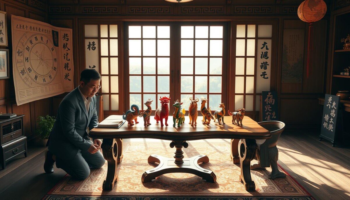 A tranquil and enlightening scene depicting a serene workspace focused on Chinese astrology. In the foreground, a modestly dressed Asian practitioner, a man in professional business attire, is kneeling beside a beautifully crafted wooden table adorned with ancient Chinese astrology charts and zodiac symbols. In the middle, vibrant and intricately designed zodiac animal figurines representing the twelve signs are displayed, creating a colorful contrast against the natural wood. In the background, a softly lit window reveals a lush landscape, symbolizing harmony and balance. The warm, inviting lighting casts gentle shadows, evoking a sense of calm and understanding. The overall atmosphere is one of discovery and clarity, encouraging viewers to embrace the wisdom of Chinese astrology.
