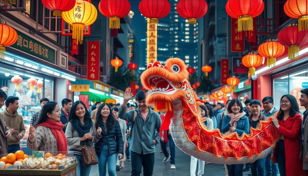 A vibrant and festive scene capturing the essence of the Chinese New Year, featuring a bustling street filled with colorful decorations, lanterns, and traditional red banners. In the foreground, a group of diverse people in modest casual clothing is joyfully participating in a dragon dance, showcasing their cultural pride. The middle ground includes a beautifully adorned food stall offering dumplings, oranges, and other festive treats, while onlookers share smiles and laughter. The background is filled with towering buildings illuminated by soft lantern light, creating a warm and inviting atmosphere. The image should be bright and cheerful, conveying a sense of celebration and community, with a slightly elevated perspective to encompass the lively street scene. Soft, warm lighting enhances the joyous spirit of the event.