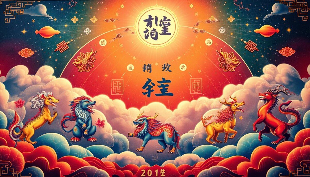 A vibrant and intricate representation of a Chinese astral map, showcasing the twelve zodiac animals and their corresponding elements, prominently displayed in the foreground. Each zodiac sign is artistically rendered, adorned with traditional Chinese motifs and symbols. The middle ground features a celestial background with stars, constellations, and ethereal clouds in soft, warm hues, creating a mystical atmosphere. A gentle, diffused light bathes the scene, enhancing the richness of the colors and lending a sense of harmony. The angle captures the opulence of the design, inviting viewers to explore the complex interplay of astrology and destiny. Bright, soothing colors contribute to a serene and insightful mood, perfect for illustrating the concept of Chinese astrology.