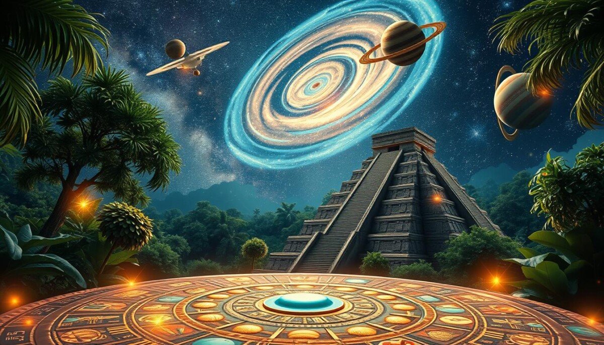 A vibrant depiction of Maya cosmology, focusing on a celestial landscape filled with intricate stars and constellations. In the foreground, showcase a stylized depiction of the Maya calendar, its symbols richly detailed and glowing in soft gold and turquoise hues. The middle ground features a mystical pyramid adorned with carvings of celestial bodies, surrounded by lush jungle foliage, merging elements of nature and the cosmos. In the background, a night sky filled with bright stars, the Milky Way swirling above, and planets that represent the Maya's understanding of the universe. Use a panoramic angle to capture the grandeur, with soft, ethereal lighting creating a magical atmosphere that invites exploration and wonder. This scene conveys the deep connection between the Maya civilization and their celestial beliefs. A vibrant depiction of Maya cosmology, focusing on a celestial landscape filled with intricate stars and constellations. In the foreground, showcase a stylized depiction of the Maya calendar, its symbols richly detailed and glowing in soft gold and turquoise hues. The middle ground features a mystical pyramid adorned with carvings of celestial bodies, surrounded by lush jungle foliage, merging elements of nature and the cosmos. In the background, a night sky filled with bright stars, the Milky Way swirling above, and planets that represent the Maya's understanding of the universe. Use a panoramic angle to capture the grandeur, with soft, ethereal lighting creating a magical atmosphere that invites exploration and wonder. This scene conveys the deep connection between the Maya civilization and their celestial beliefs.