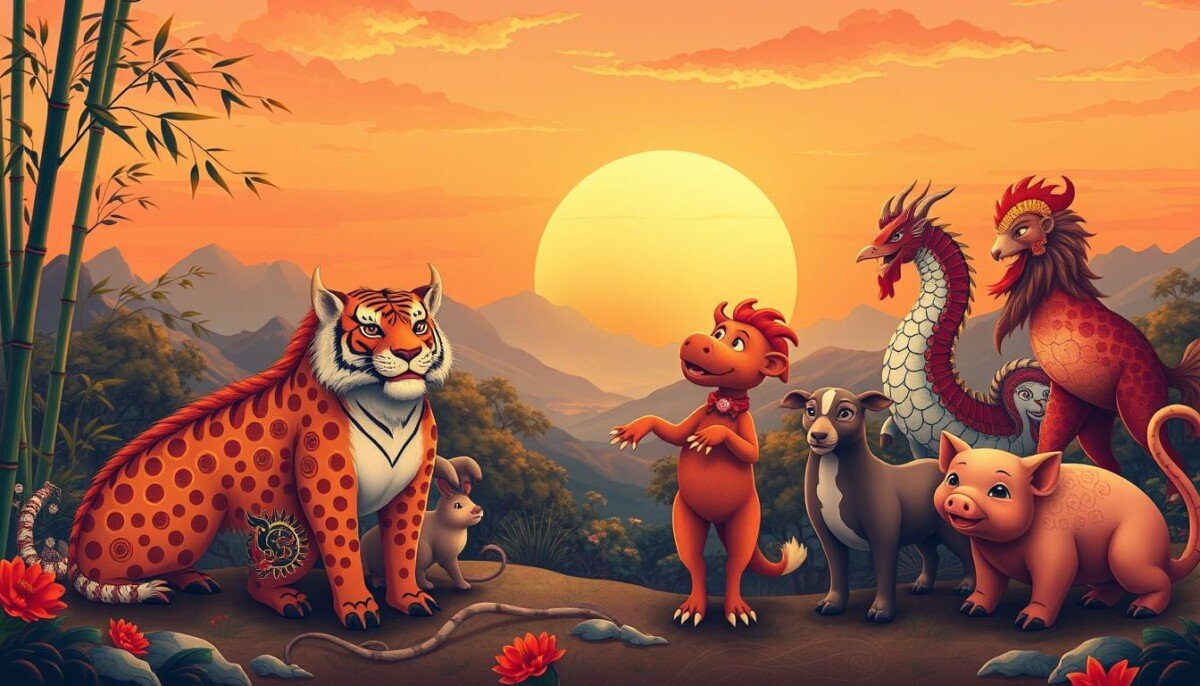 A vibrant, illustrated representation of the Chinese zodiac signs, featuring all twelve animal symbols: Rat, Ox, Tiger, Rabbit, Dragon, Snake, Horse, Goat, Monkey, Rooster, Dog, and Pig. In the foreground, each animal is artistically detailed and adorned with traditional Chinese motifs, such as intricate patterns and colors. The middle ground showcases a serene and beautifully crafted landscape that reflects elements of Chinese culture, like bamboo groves and mountains. The background includes a softly lit sunset, casting warm tones across the scene, evoking a sense of harmony and connection to nature. The overall atmosphere should feel mystical yet inviting, perfect for an exploration of Chinese astrology.