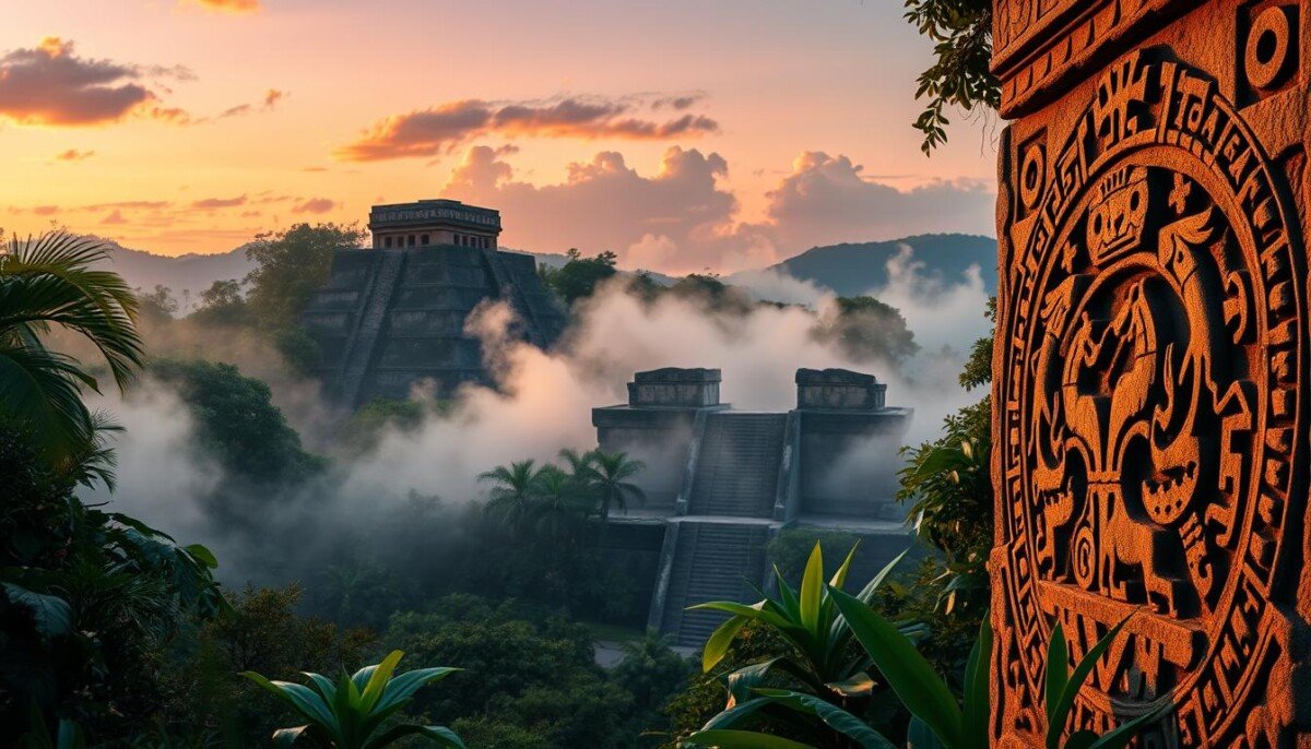 A vibrant representation of Maya symbolism, featuring intricate carvings and designs of glyphs, animals, and celestial elements in the foreground. In the middle ground, include elements like stylized depictions of the sun, moon, and stars, surrounded by lush jungle flora to create a natural atmosphere. The background should showcase ancient Maya ruins, partially shrouded in mist, with a twilight sky casting an ethereal glow. Soft, warm lighting highlights the details of the glyphs, creating a mystical ambiance. The image should evoke a sense of wonder and exploration, inviting viewers to delve into the mysteries of Maya astrology. Use a wide-angle perspective to capture the expansive scene, ensuring all elements harmoniously blend together. A vibrant representation of Maya symbolism, featuring intricate carvings and designs of glyphs, animals, and celestial elements in the foreground. In the middle ground, include elements like stylized depictions of the sun, moon, and stars, surrounded by lush jungle flora to create a natural atmosphere. The background should showcase ancient Maya ruins, partially shrouded in mist, with a twilight sky casting an ethereal glow. Soft, warm lighting highlights the details of the glyphs, creating a mystical ambiance. The image should evoke a sense of wonder and exploration, inviting viewers to delve into the mysteries of Maya astrology. Use a wide-angle perspective to capture the expansive scene, ensuring all elements harmoniously blend together.