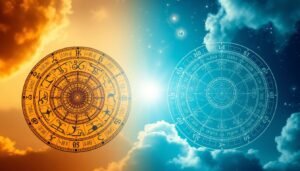 A visually engaging comparison of Western astrology and other astronomical systems, featuring a split-screen design. In the foreground, on the left, depict a detailed Western astrological chart, rich with symbols like the zodiac signs and planetary positions, illuminated by soft golden lighting. In contrast, the right side showcases another astrological system, such as Vedic astrology, featuring its unique symbols and a celestial map, bathed in cool blue hues. The middle ground should have subtle hints of celestial motifs, like stars or constellations blending the two sides. In the background, an ethereal sky transitions from warm tones on the left to cooler tones on the right, creating a harmonious convergence. The mood should evoke curiosity and mysticism, inviting viewers to explore the vast realms of astrology.