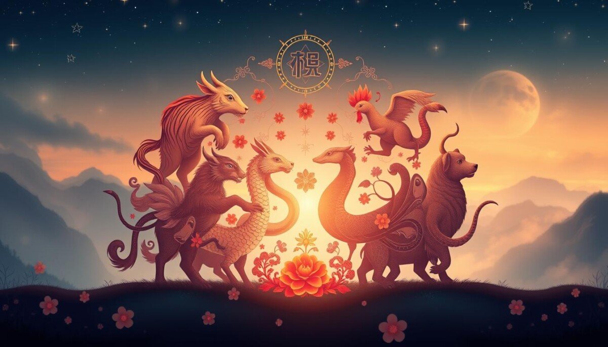 A visually striking illustration depicting the concept of "compatibilidade de signos" in Chinese astrology. In the foreground, feature a detailed arrangement of the twelve Chinese zodiac animals: Rat, Ox, Tiger, Rabbit, Dragon, Snake, Horse, Goat, Monkey, Rooster, Dog, and Pig, each symbolically intertwined to represent their compatibility. In the middle ground, include harmonious elements like flowers and celestial motifs to signify balance and connection between the signs. The background should feature a soft, ethereal blend of twilight colors—shades of deep blue and gold—to create a mystical atmosphere. The scene is illuminated by gentle light, casting delicate shadows to enhance depth. The overall mood should evoke curiosity and wonder, making it ideal for an article about astrology.