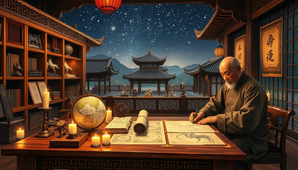 An ancient Chinese astrological scene depicting the rich history of Chinese astrology, featuring a traditional scholar in modest attire, writing on bamboo scrolls surrounded by classic astrological symbols like the twelve zodiac animals. In the foreground, a wooden table with intricate carvings, surrounded by celestial artifacts such as a globe, ancient books, and a Chinese compass, illuminated by soft candlelight. The middle background showcases an ornate wooden bookshelf filled with scrolls and astrological diagrams, while the distant background features traditional Chinese architecture under a serene night sky filled with stars. The atmosphere is contemplative and mystical, inviting the viewer to explore the depths of Chinese astrology's historical significance. The image should be vibrant yet understated, capturing the essence of ancient wisdom and culture.
