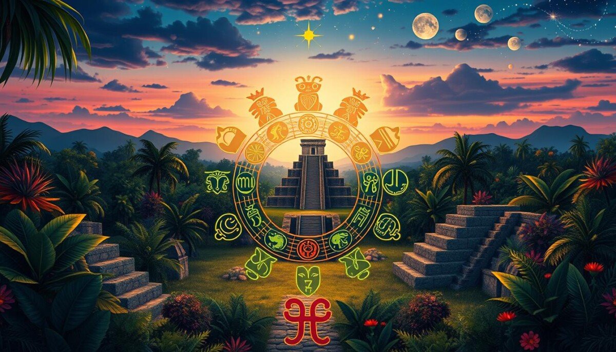 Create a vibrant and detailed illustration of the "Signos Maia," showcasing the unique astrological symbols of the Maya civilization. In the foreground, depict each of the astrological signs represented by distinct, colorful glyphs, intricately designed and arranged in a circular formation. The middle ground should feature lush, tropical elements inspired by the Mayan landscape, such as vibrant foliage, ancient ruins, and symbols of the cosmos, like stars and celestial bodies. In the background, create a soft, ethereal sky at dusk, with deep blues and purples fading into warm oranges and pinks, suggesting a mystical atmosphere. Use soft lighting to enhance the magical feel of the scene. The overall mood should evoke wonder and curiosity about the mysteries of Maya astrology. Create a vibrant and detailed illustration of the "Signos Maia," showcasing the unique astrological symbols of the Maya civilization. In the foreground, depict each of the astrological signs represented by distinct, colorful glyphs, intricately designed and arranged in a circular formation. The middle ground should feature lush, tropical elements inspired by the Mayan landscape, such as vibrant foliage, ancient ruins, and symbols of the cosmos, like stars and celestial bodies. In the background, create a soft, ethereal sky at dusk, with deep blues and purples fading into warm oranges and pinks, suggesting a mystical atmosphere. Use soft lighting to enhance the magical feel of the scene. The overall mood should evoke wonder and curiosity about the mysteries of Maya astrology.